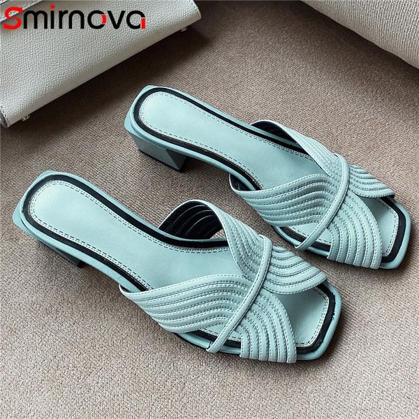 

dress shoes smirnova genuine leather sandals women peep toe slip on mid square heels lady summer female ladies, Black