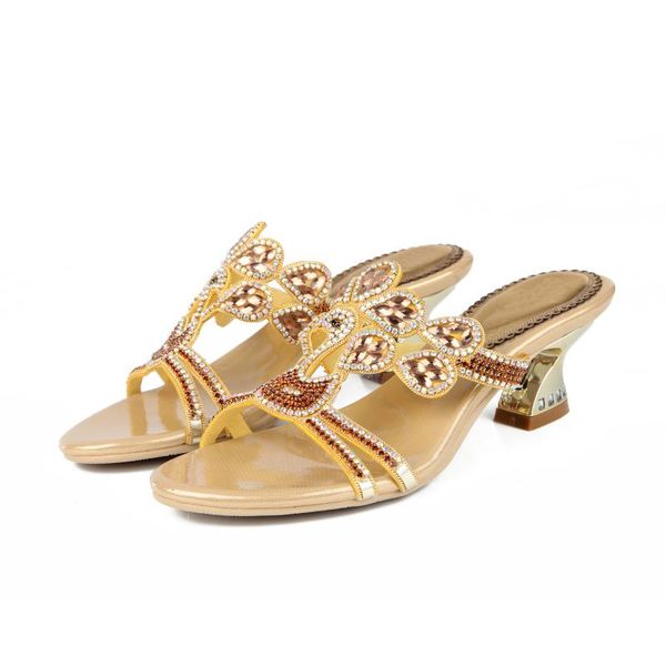 

slippers women summer thick high heel horse shoe luxury rhinestone 6 cm, Black