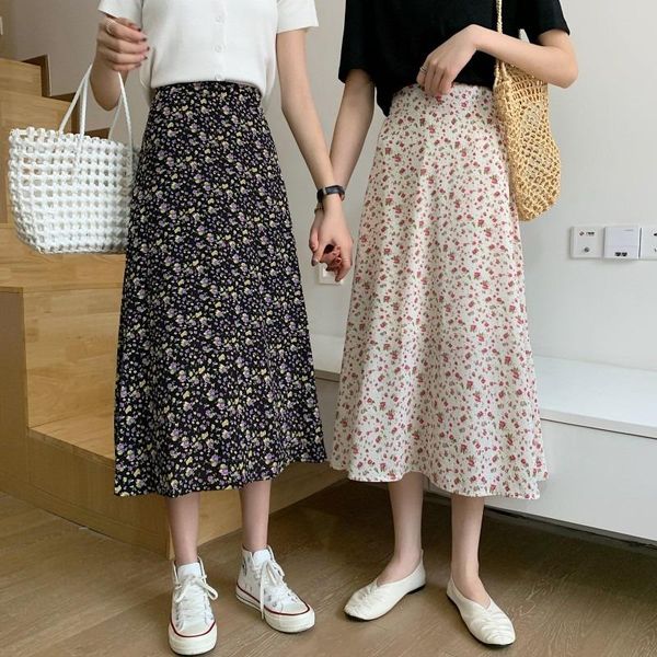 

skirts vintage floral print a-line pleated long summer women korean skirt streetwear drawstring elastic waist midi, Black
