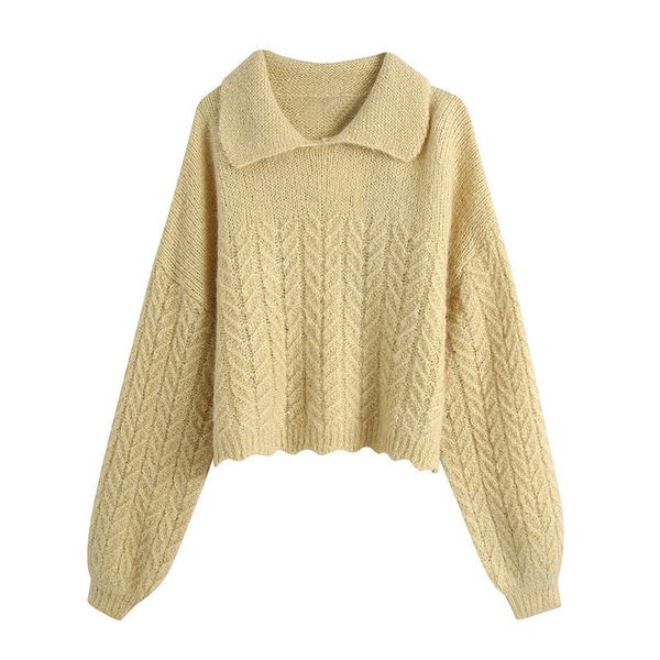 

blsqr vintage ribbed trims jacquard crop knitted sweater women lapel long sleeve female pullovers retro jumper 210430, White;black