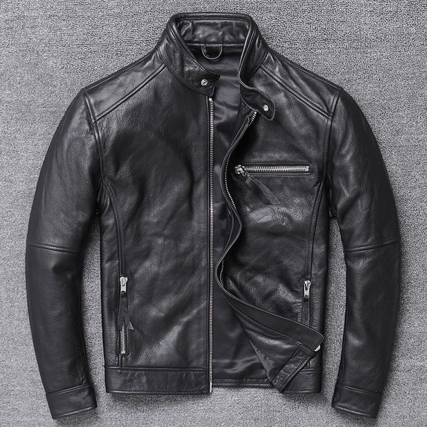 

100% real cow leather jacket stand collar short genuine leather motorcycle jacket mens clothing chaqueta de los hombres wpy2477, Black