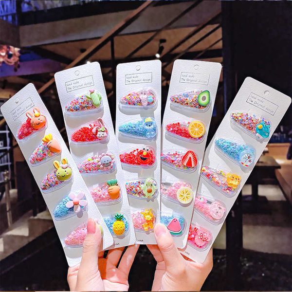 

korean color quicksand transparent children's fruit hairpin resin side clip cute flowers bb clip bangs collet jewelry, Slivery;white