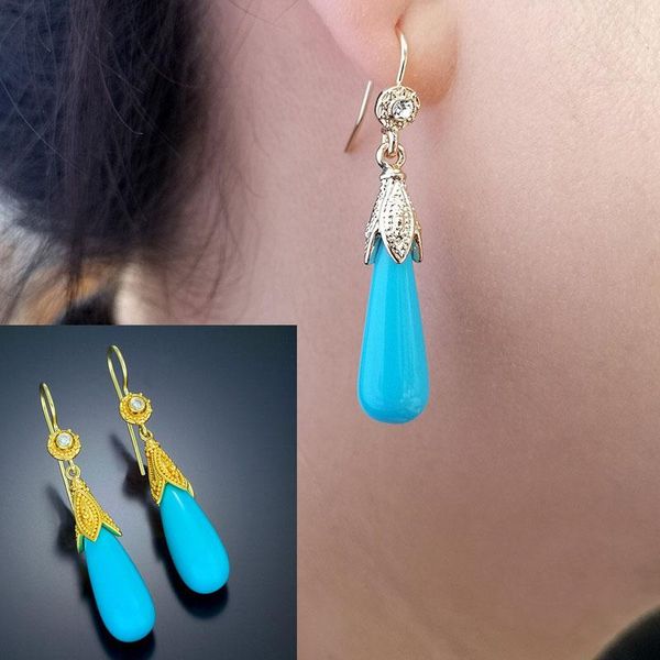 

dangle & chandelier long blue teardrop drop earrings for women gold color crystal bridal rhinestone carved waterdrop boho ethnic, Silver