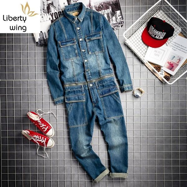 

men's jeans spring fall mens vintage detachable denim cargo overalls hiphop long sleeve straight pants big size rompers male jumpsuit, Blue