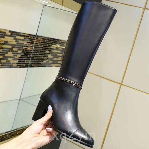 

boots chain high heels woman black real cowhide long shaft booties round toe classic stylish knight botas for ladies