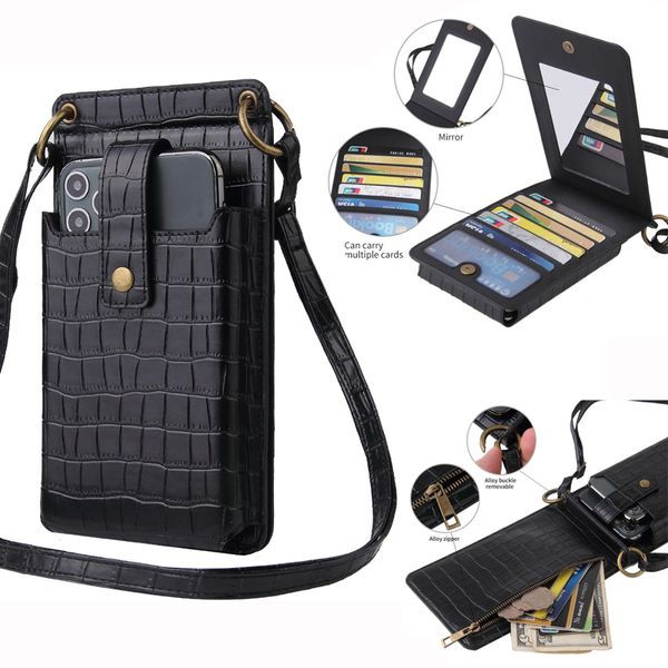 Universal-Krokodil-Kreditkartengeld-Taschenwechsel-Wallet-Fälle-Reißverschluss Handtasche-Beutel-Damen-Kosmetikspiegel Crossbody-Vertikale für iPhone Samsung Huawei Moto LG