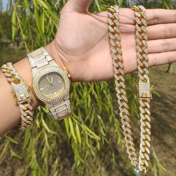 

chains 3pcs kit 13mm hip hop iced out paved rhinestones full miami cuban chain necklace+watch+bracelet rapper for men women jewelry, Silver