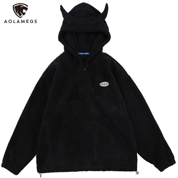 AOLAMEGS Hoodies Homens Twist Knitting Demon Chifres Cor Sólida Cor Zipper Coats Soft Cozy Hipster Tops Hip Hop Solto Casual Streetwear 211014