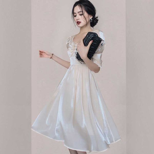

summer women fairy dresses retro french elegant office lady v-neck puff sleeve slim waist midi dress vestidos 210526, Black;gray