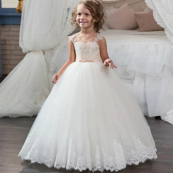 girl's dresses girls first communion long sleeves ball gown lace appliques tulle flower girl for weddings with sash, Red;yellow