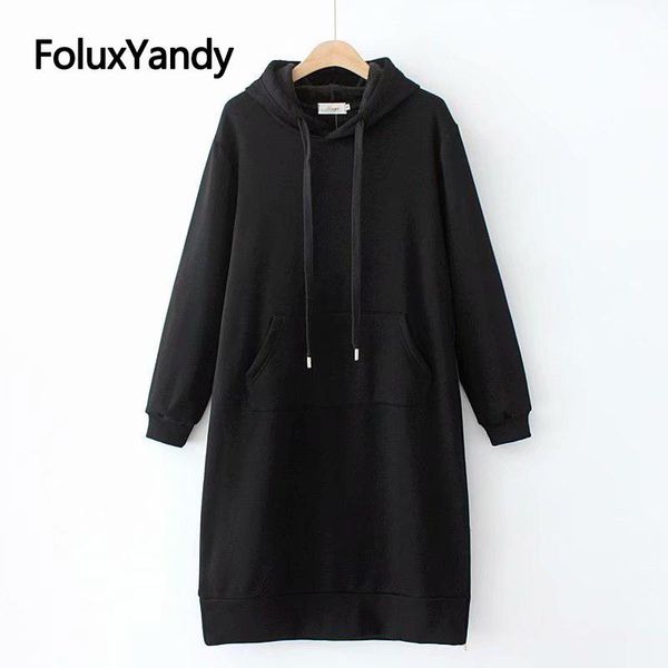 

casual dresses hooded mid-calf dress vestidos plus size women fleece long sleeve loose black kkfy5173, Black;gray