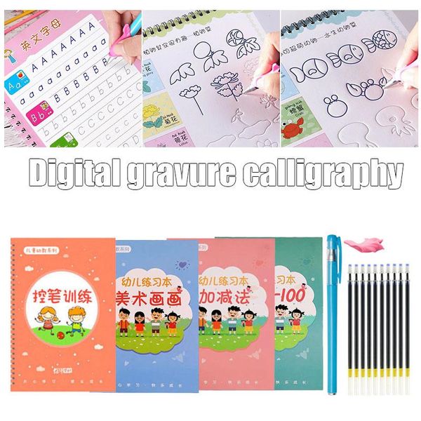 

magic calligraphy that can be reused english handwriting copybook set preschool kindergarten practice ar refills, Black;red