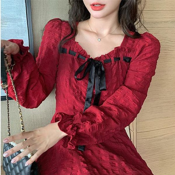 

retro square collar dress autumn long sleeve red for women woman dresses vestido de mujer femme robe casual, Black;gray