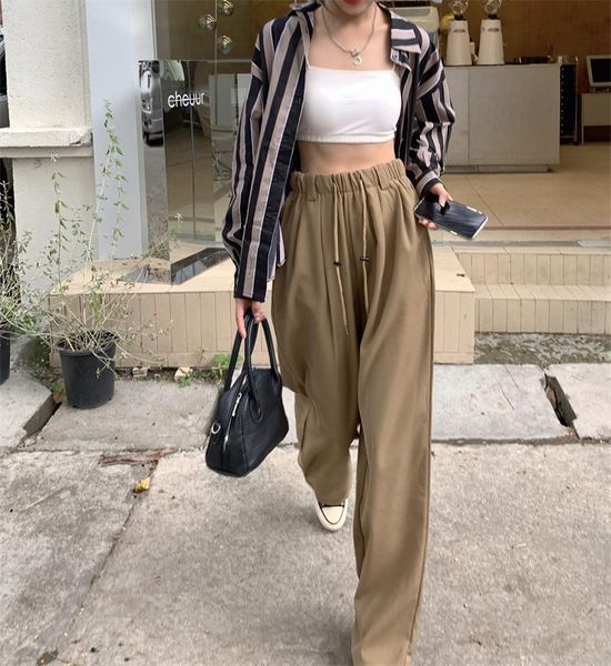 

women's pants & capris women casual solid high waist wide leg trousers female streetwear 2021 autumn winter, Black;white