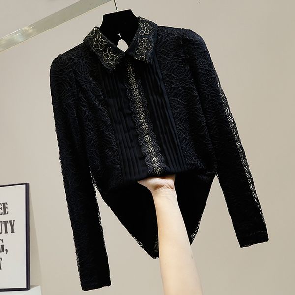 

blouses plus size women's shirt arrival chiffon stitching lapel black blouse hollow-out lace blouses elegant office lady blusas, White
