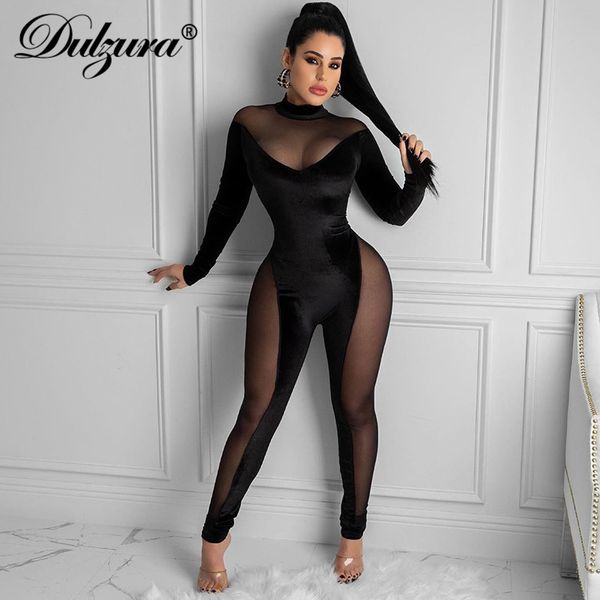 

veet mesh patchwork women long sleeve jumpsuit turtlene bodycon streetwear 2021 autumn winter sporty romper, Black;white