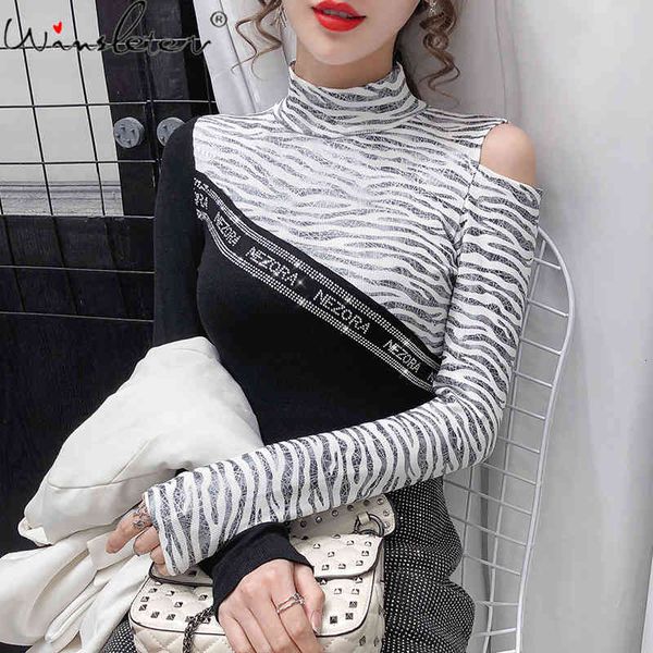 

women's t-shirt spring fall european style off shoulder spliced zebra-stripe shiny diamonds ropa mujer cotton tees t0n21, White
