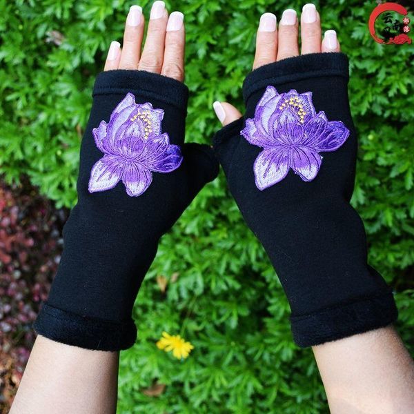 

sports gloves winter warm cotton hand for women fingerless black embroidery knitted