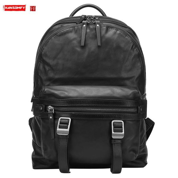 

backpack men's leather soft casual computer cowhide retro tide brand street european and american backpacks travel bags