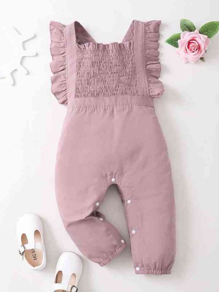 

baby shirred square neck ruffle trim jumpsuit she, Blue