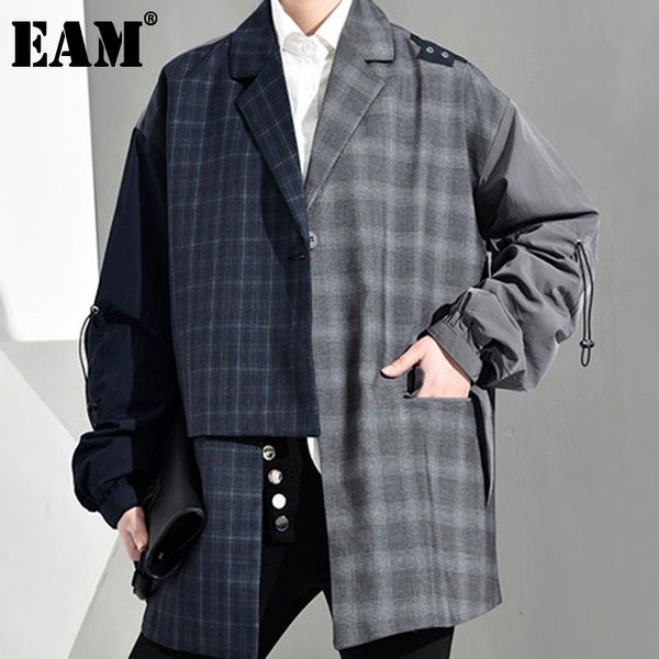 

women's jackets [eam] women blue irregular jacket turn-down collar long sleeve plaid printed drawstring coat fashion 2021 spring autumn, Black;brown