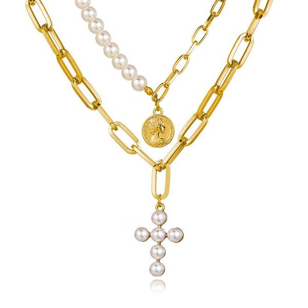 

pendant necklaces vintage gold color chains with pearls chokers for women layered cross pendants necklace on the neck punk jewelry, Silver