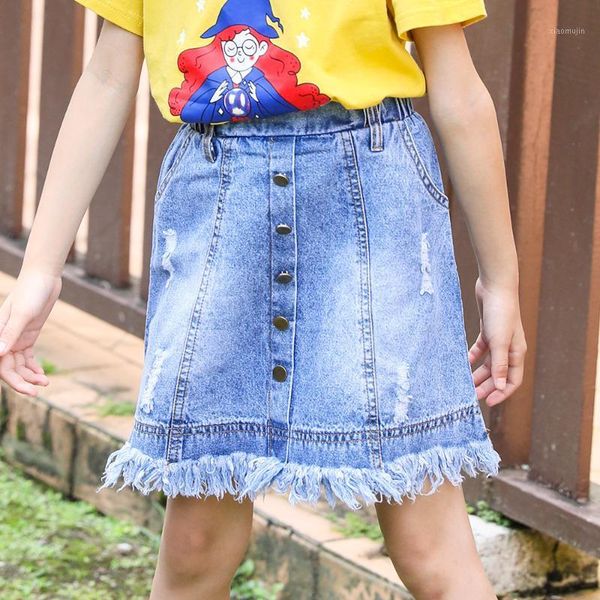 

big girls denim skirt summer kids fashion tassel design classic single breasted 2021 baby girl casual skirts, Blue
