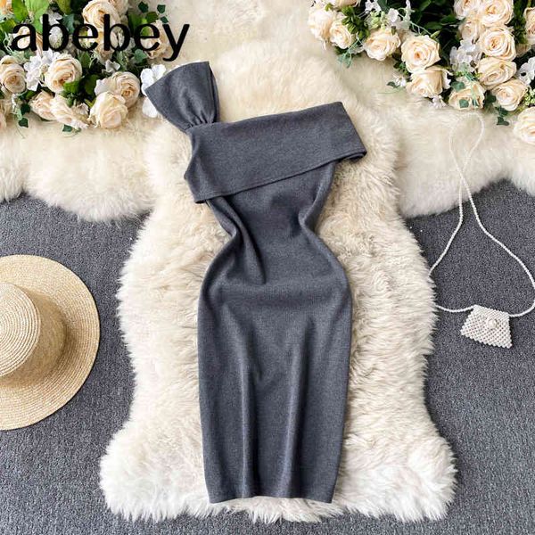 

women one-shoulder knitted sling dress korean backless slim pencil solid sleeveless casual short 210512, Black;gray