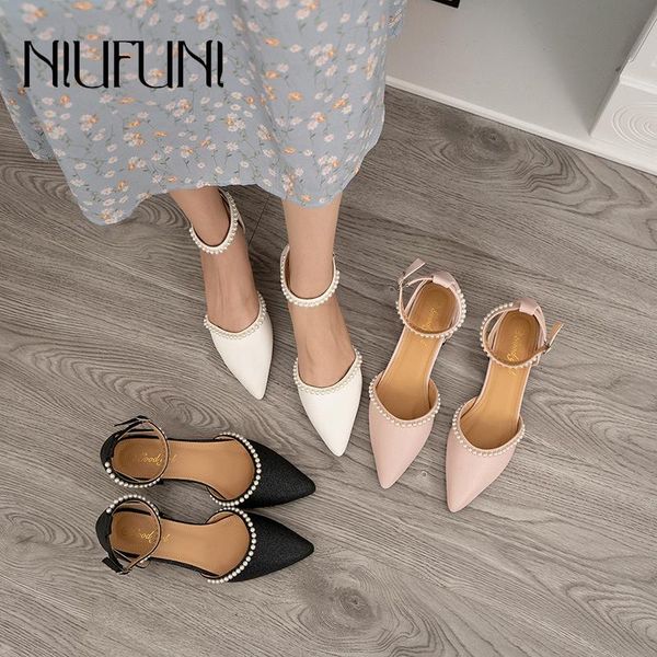 

sandals niufuni pointed low heels buckle women's muller shoes slides pearl beaded matte elegant summer women, Black