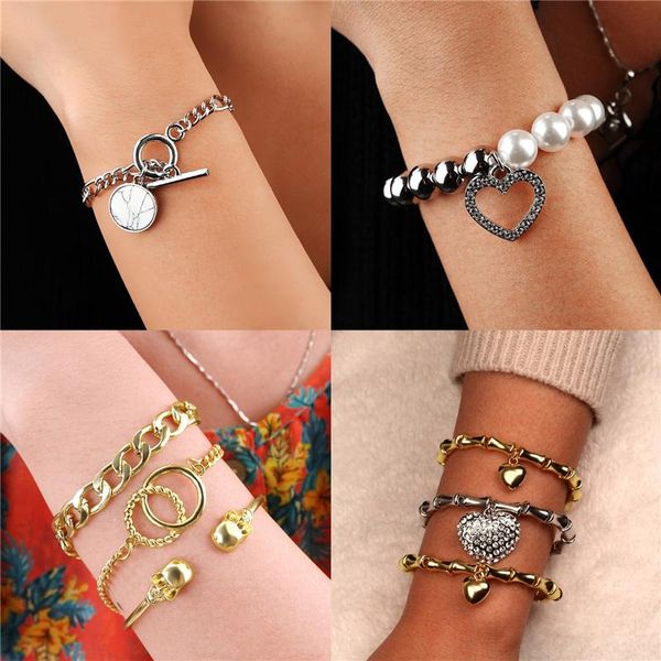 

luokey fashion vintage cuban chain gold bracelets round heart bangles for women handmade pearl jewelry wholesale gifts link,, Black