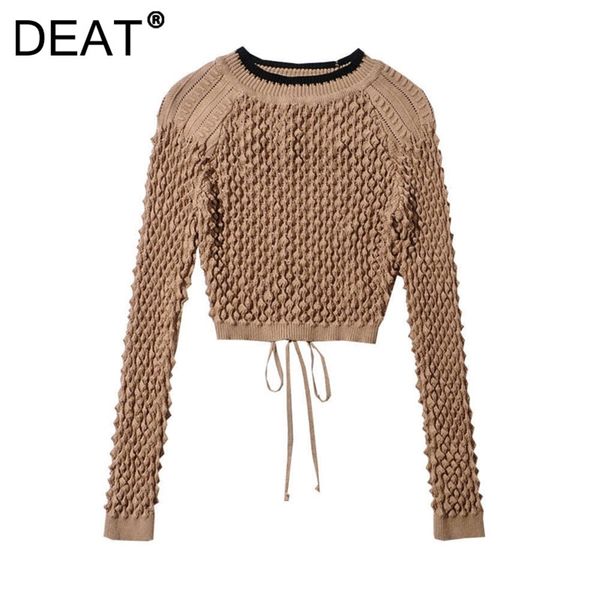 

[deat] white fashion spring autumn round neck hollow out backless drawstring knitting loose sweater women 13c215 211018, White;black