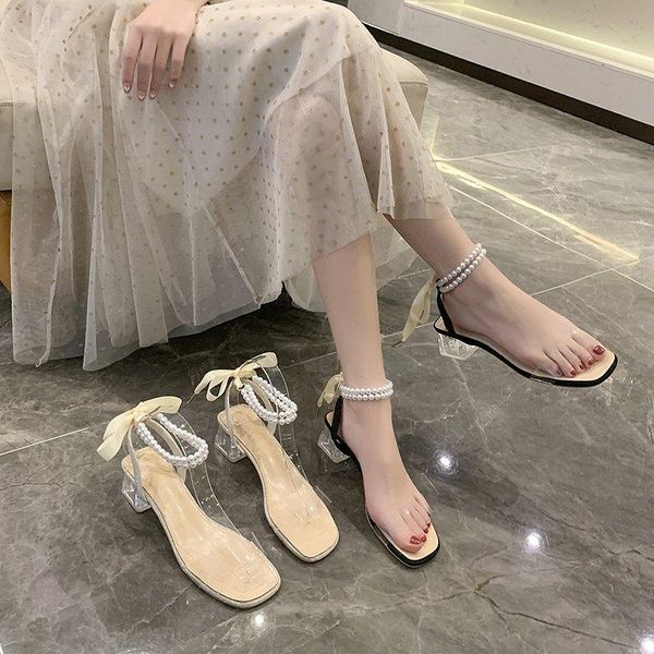 

sandals beige heeled clear shoes 2021 summer med black low bow girls medium comfort elastic band plastic fashion high