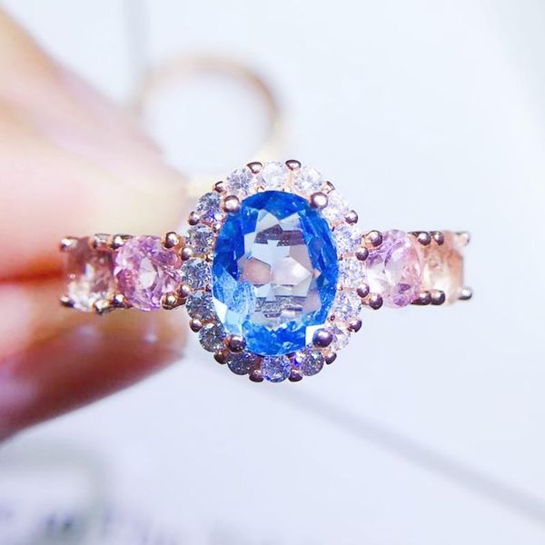 

cluster rings per jewelry natural real blue z tourmaline ring 1.6ct*1pc 0.15ct*4pcs gemstone 925 sterling silver q204201, Golden;silver