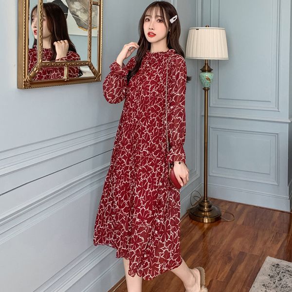 

dresses all-match loose stand collar pleated women autumn floral chiffon lace-up long-sleeved female dress vestidos agyh, Black;gray