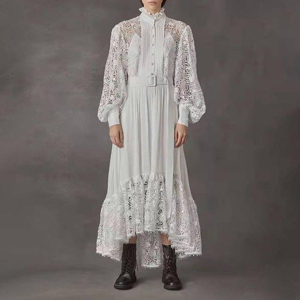 

elegant white lace dresses spring irregular design french pleated hollow lantern sleeve retro dress casual, Black;gray