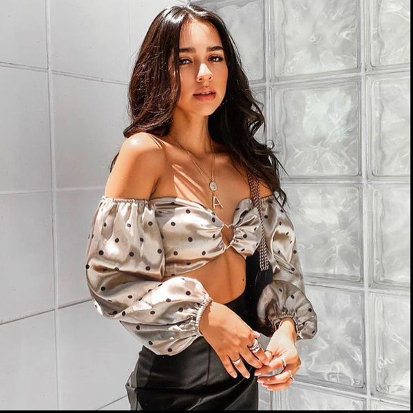 

elegant off shoulder puff women blouses long sleeve polka dot crop shirt short blouse bra party club, White