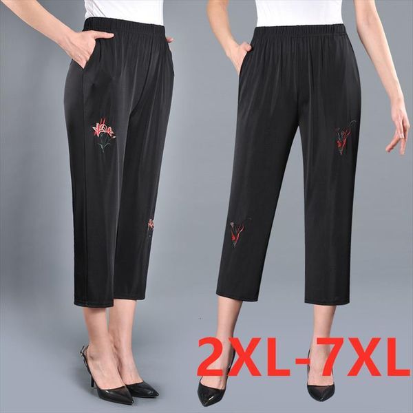 

oversized summer elastic women capris high waist cropped plus size 7xl middle aged elderly female casual straight, Black;white