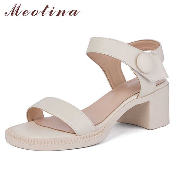 

meotina women shoes genuine leather sandals med heel sandals round toe shoes chunky heel cow leather lady footwear summer black 210608