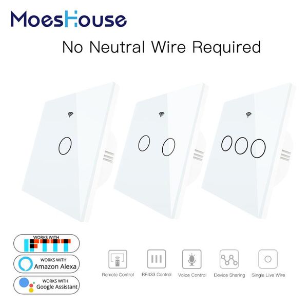 

smart home control white wifi wall switch no neutral wire needed wireless life tuya remote single fire work with alexa rf433