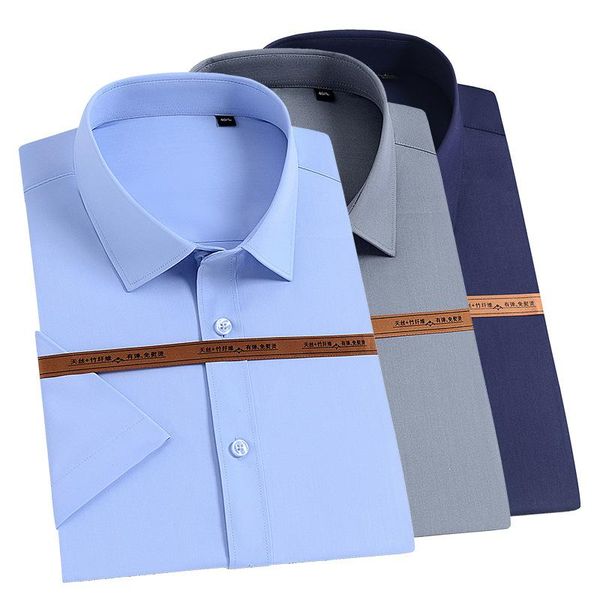 

men's casual shirts 2021 summer comfortable bamboo fiber short sleeve shirt micro elastic no pocket iron solid color inch, White;black