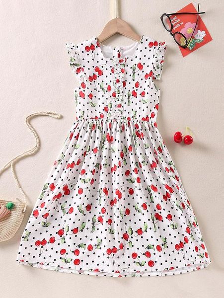 

girls polka dot & cherry print square neck flutter sleeve dress she, Red;yellow