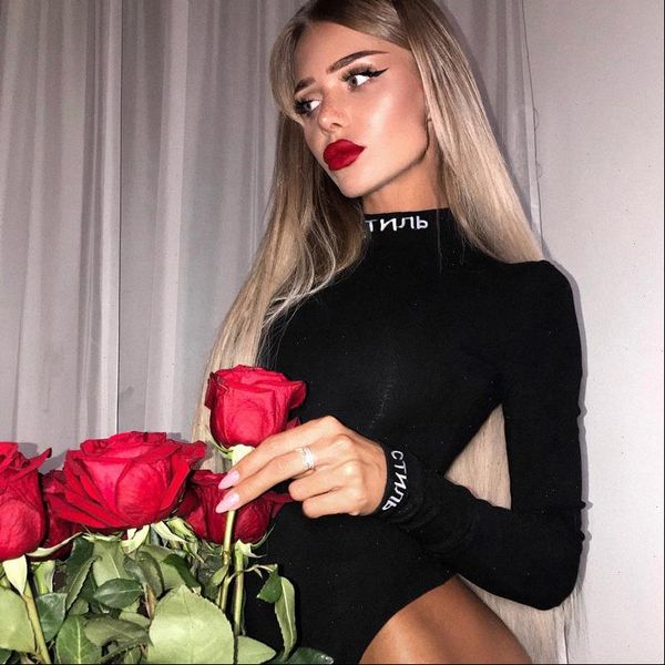 

cotton letter printed turtleneck women romper bodysuits mock neck autumn long sleeve slim elastic black party fashion, Black;white