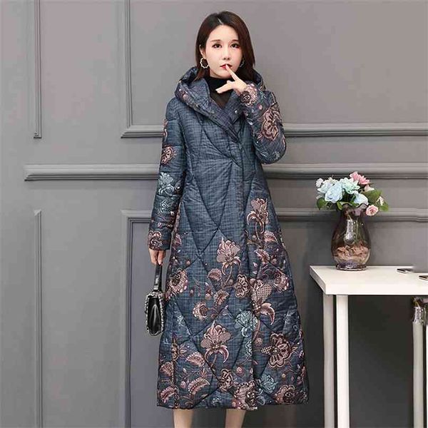 Китайский стиль женщины зима вниз хлопчатобумажная куртка X-Long печать свободно толстые густые навязки с капюшоном покрыты женское холодное пальто 210923
