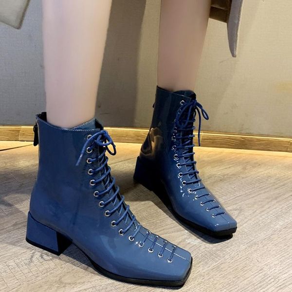 

boots fashion patent leather lace-up women casual square toe short ankle female mid high shoes botas feminina, Black