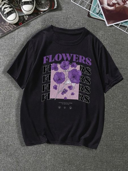 

men floral & letter graphic tee v0y4#, White;black