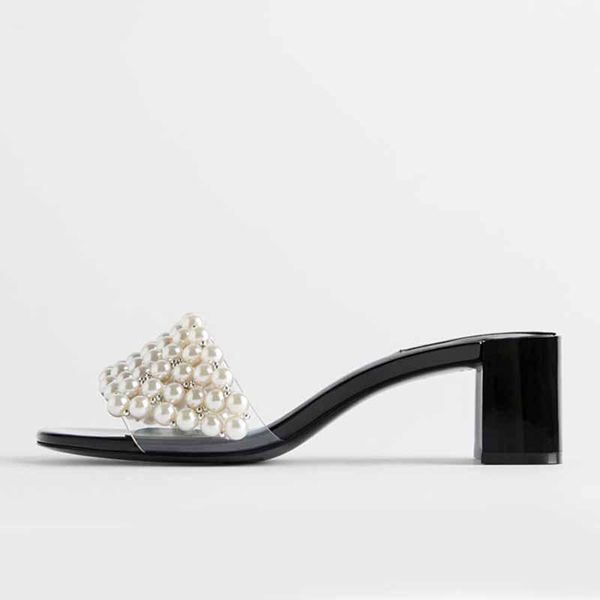 

heeled pearl square toe sandals word strip chunky heel women's shoes head, Black