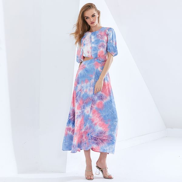 

dresses tie-dye hit color women's o neck sleeve high waist hollow out summer es female 2021 womens clothing, Black;gray