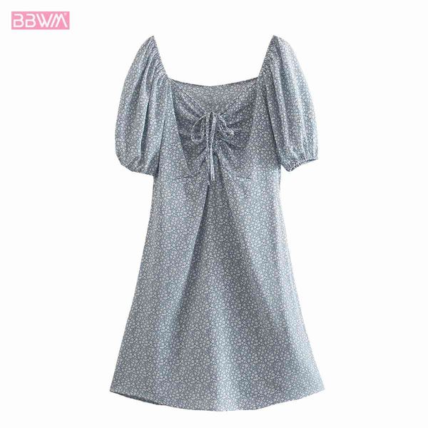 

vintage women square neck puff sleeve floral chiffon short sleeve dress chic female fresh girl vacation mini dresses 210507, Black;gray