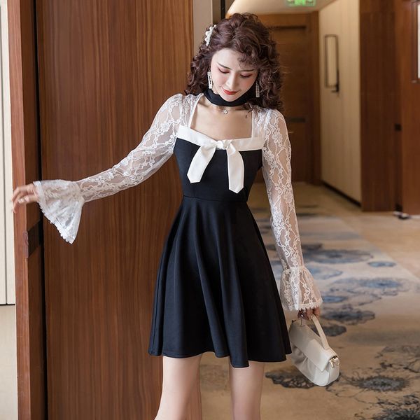 

comfortable arrival retail formal working style lace fresh perspective elegant spring sleeves ol-line dress, Black;gray