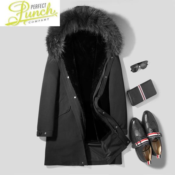 

men's leather & faux jacket real coat winter natural wool liner parka men raccoon fur collar warm jackets chaqueta hombre l18-2611 yy45, Black